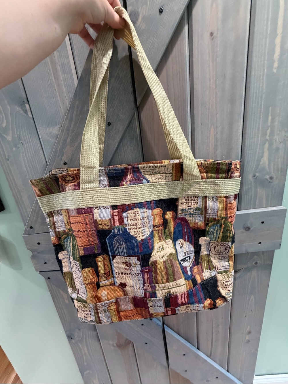 Tapestry Wine Bottle Print Tote Bag in Multi-Color with Cream Straps - Picture 2 of 6